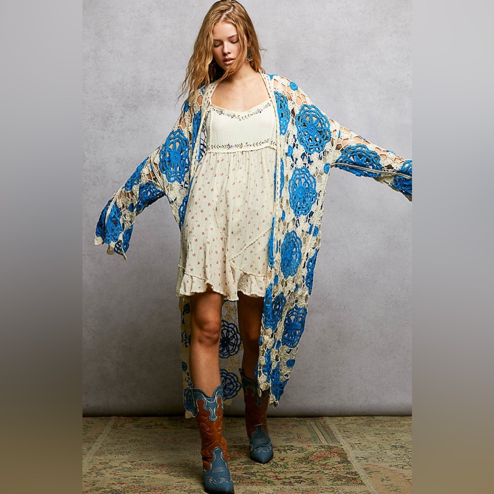 New POL Crochet Blue and White Boho Duster Cardiagan